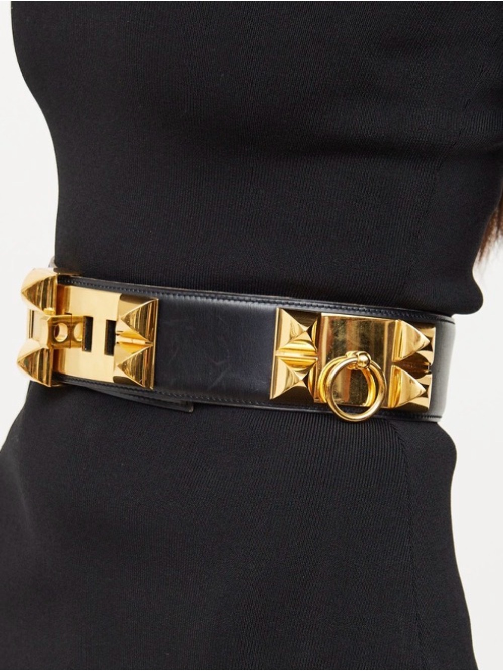 BCBGMaxAzria Black Leather Waist Belt with Gold Hardware Accents